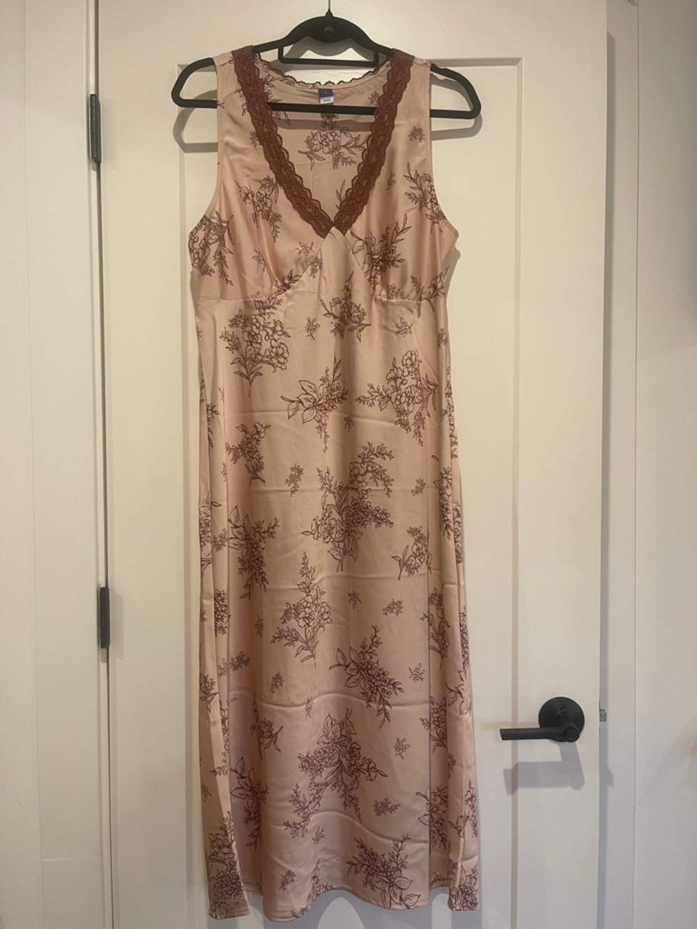 Old Navy Blush Lace-Trim Satin Dress with Brown Floral Print